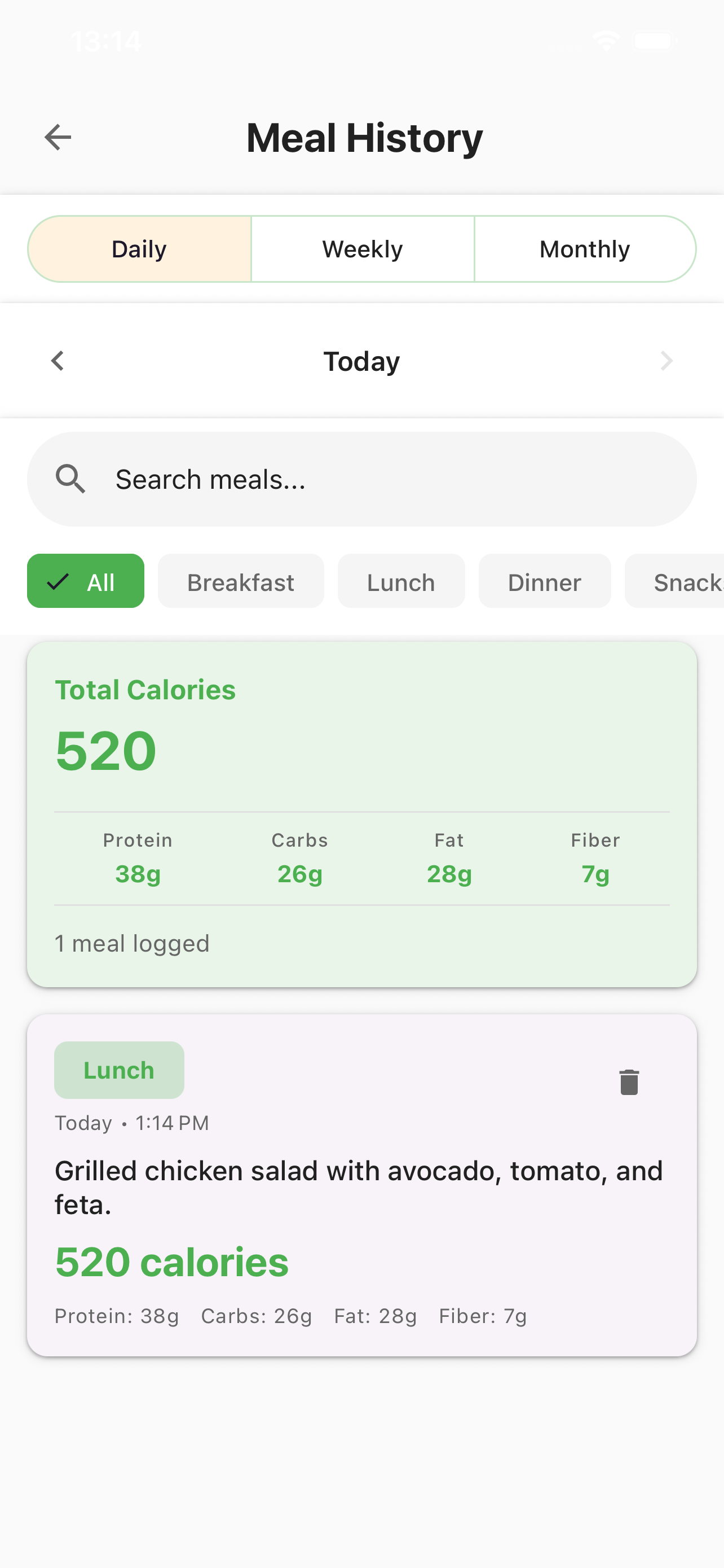 Meal history screen with daily, weekly, and monthly views